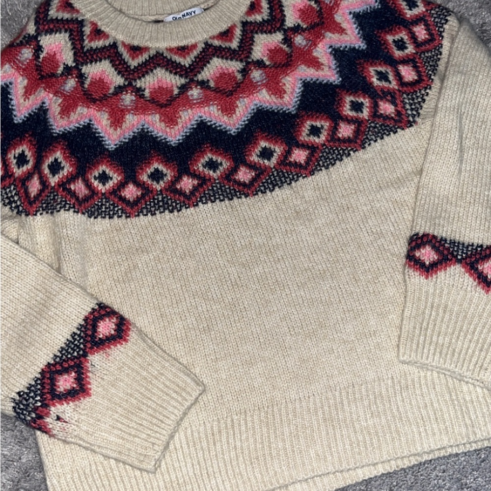 Old Navy Cream Sweater with Pink and Purple Pattern